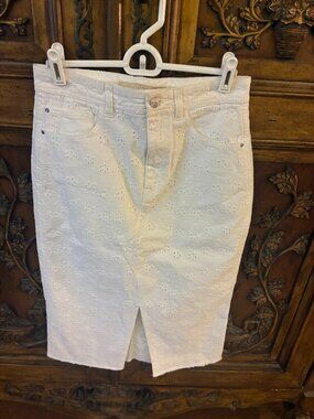 Guess Jean Eyelet Midi Denim Skirt White Size 27 embroidered coquette girl twee